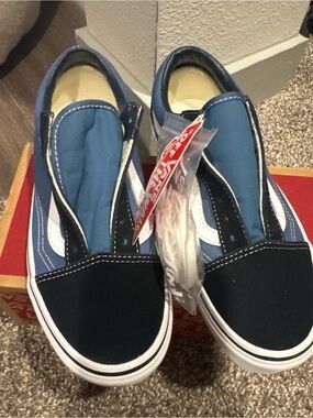 Vans Kids Slip-On Sneakers in Navy and Light Blue with White Stripe